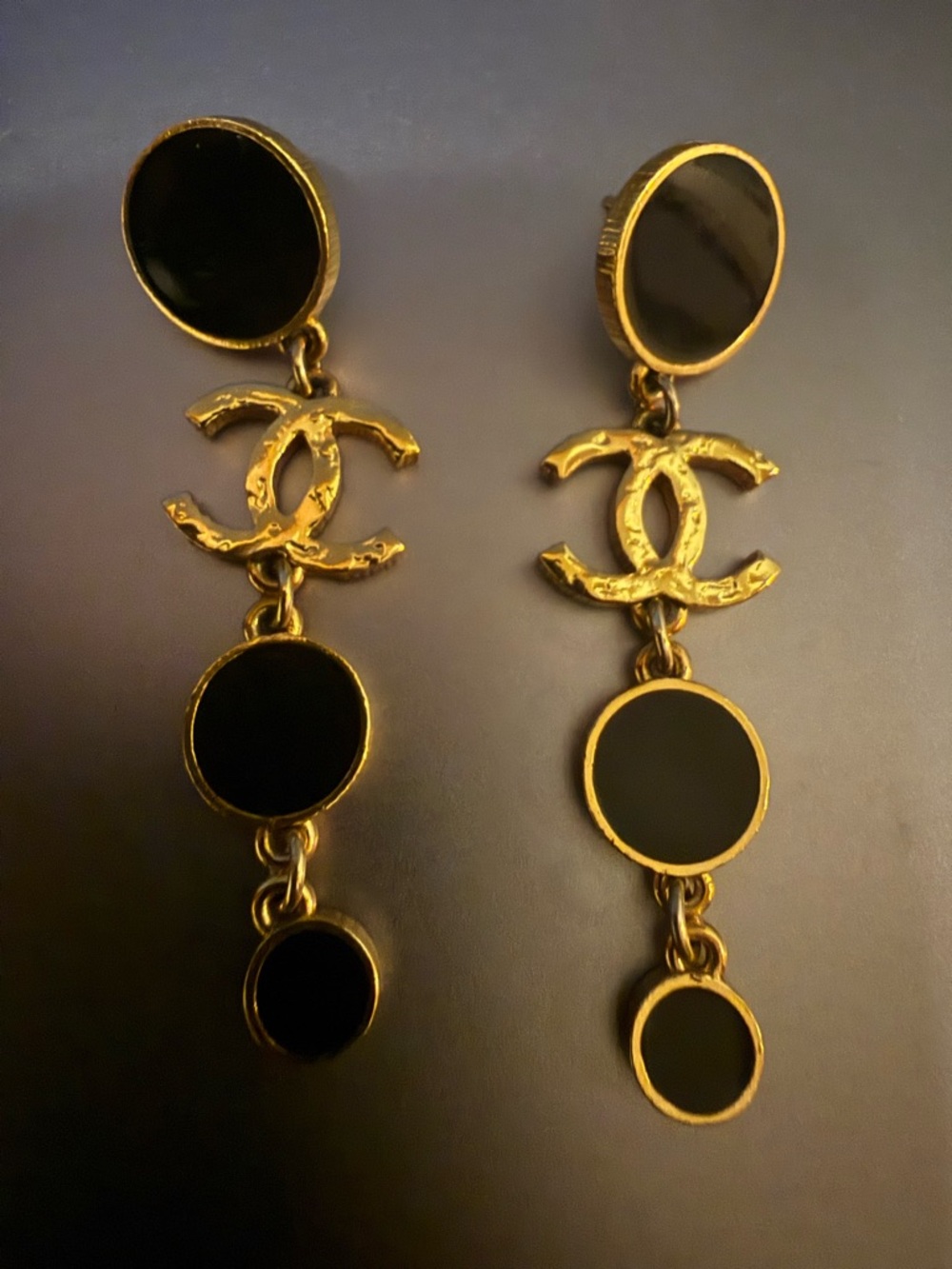 Chanel Gold & Black Drop CC Logo Dangle Earrings - Picture 2 of 8